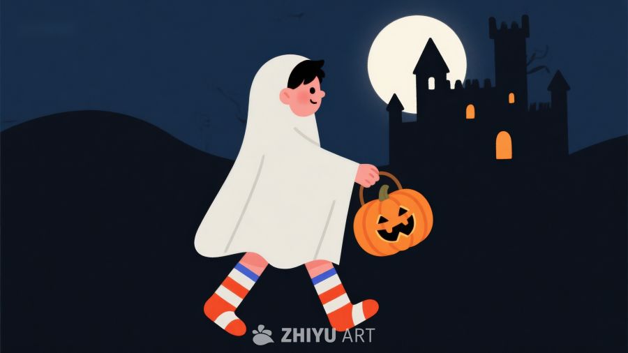 万圣节夜晚，小鬼提着南瓜灯