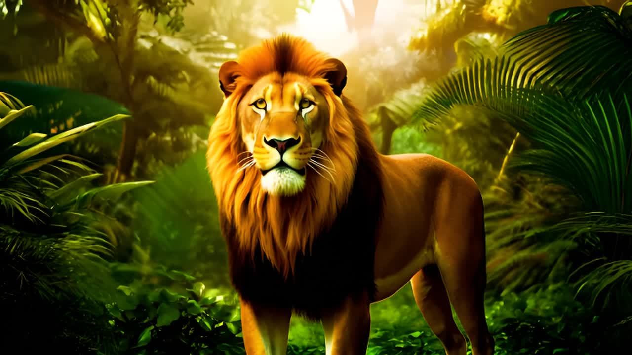 森林中央，一头雄伟的金色狮子王者屹立，象征着勇敢与力量。阳光透过茂密的树冠层洒下，温暖的金色光芒照亮了他的鬃毛和他强壮有力的身躯。这个充满生机的丛林，是这位兽中之王的合适背景，象征着他的统治力和威严。