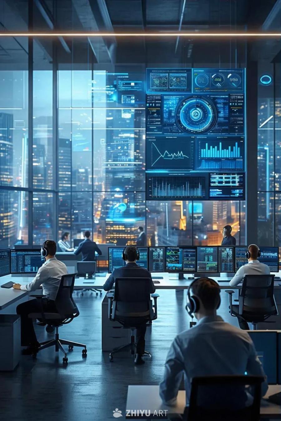 一个实时办公室空间，配备了现代技术和光滑的工作站。