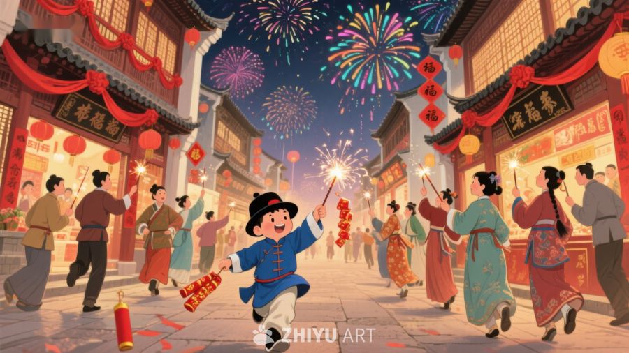 热闹春节街景，孩童手持烟花 760