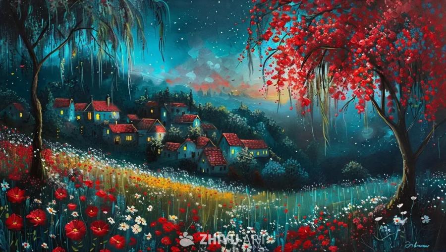 一幅粉彩画，背景中可见被照亮的小村庄的轮廓。一棵优