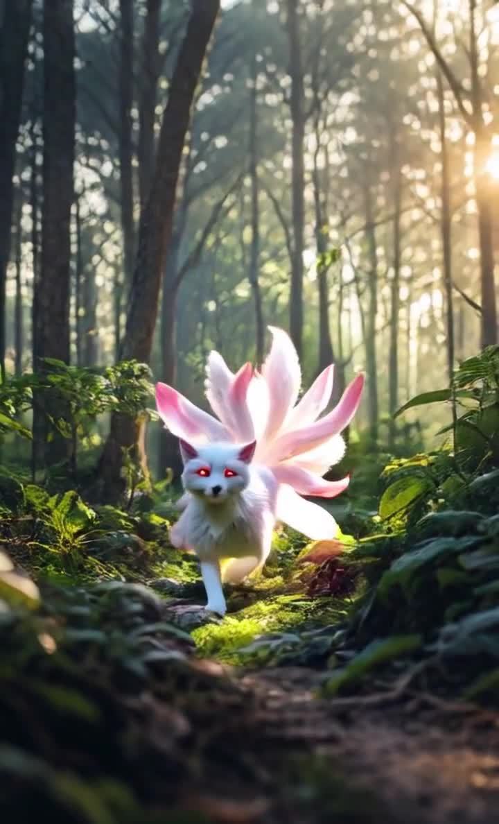 一只白色的狐狸行走在绿色的森林中，狐狸的眼睛是红色