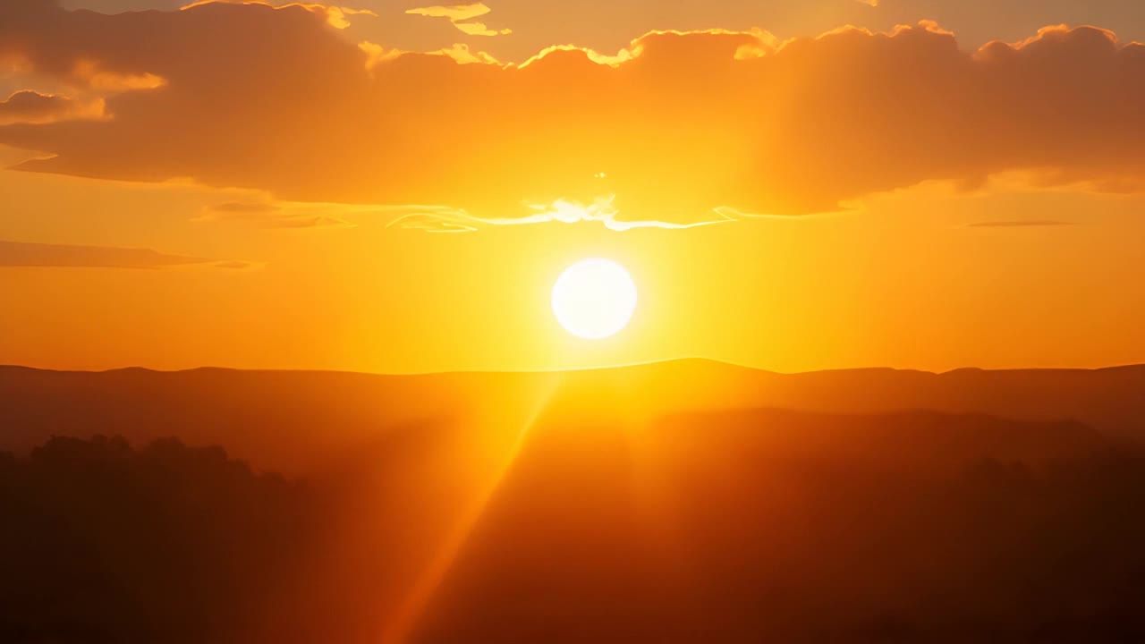 地平线上有一个明亮的太阳，散发出温暖的金光。柔和的