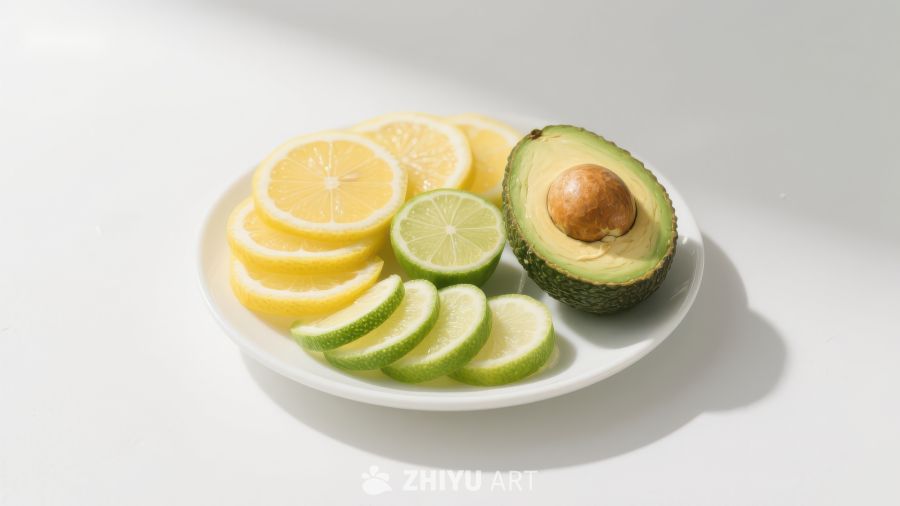 新鲜水果拼盘：柠檬、青柠与牛油果