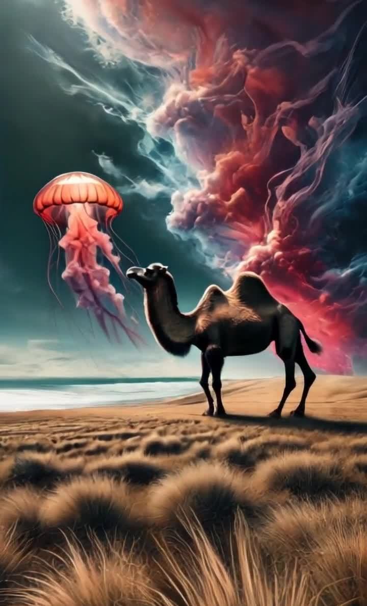 海滩骆驼与红色水母漂浮奇幻场景