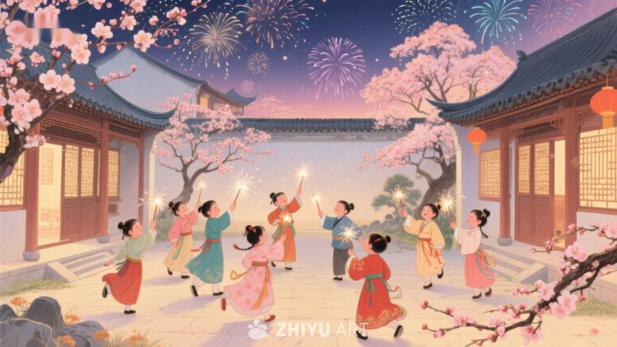 庭院烟花下孩童欢庆 852