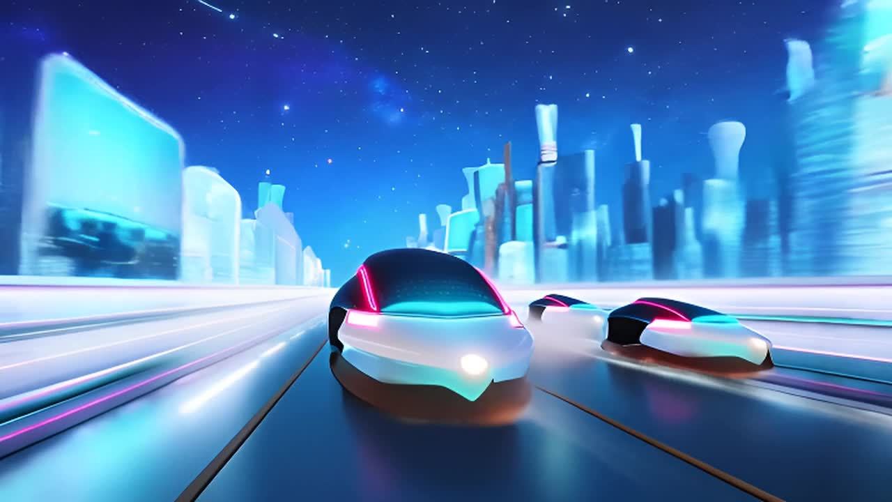 夜晚的城市街道上，三辆流线型的磁悬浮列车正在高速行