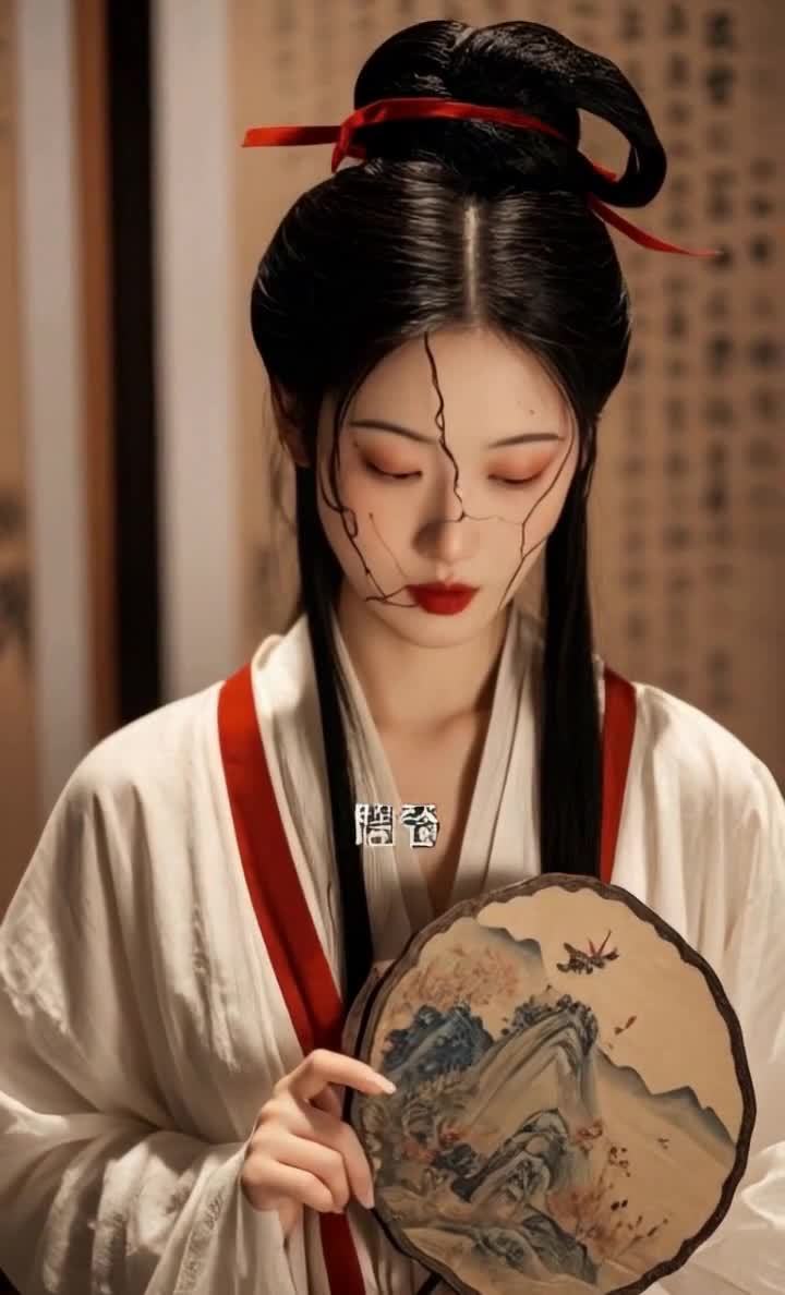 一个女性，穿着白色和红色的衣服，头发盘起，头上有红