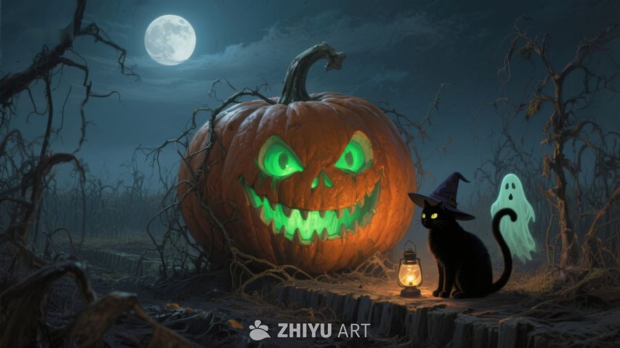万圣夜南瓜灯与黑猫幽灵