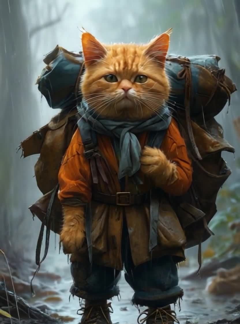 负重旅行猫在雨中前行，神情严肃步履蹒跚。