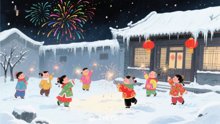 雪夜孩童欢庆节日 1082