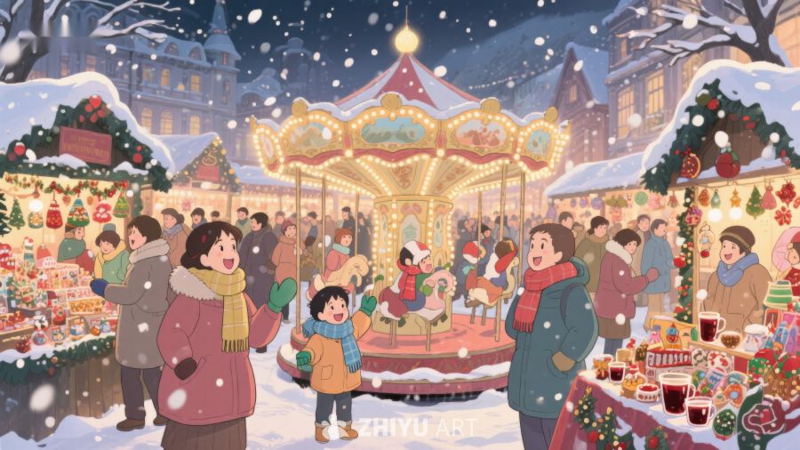冬日雪夜的圣诞集市 29