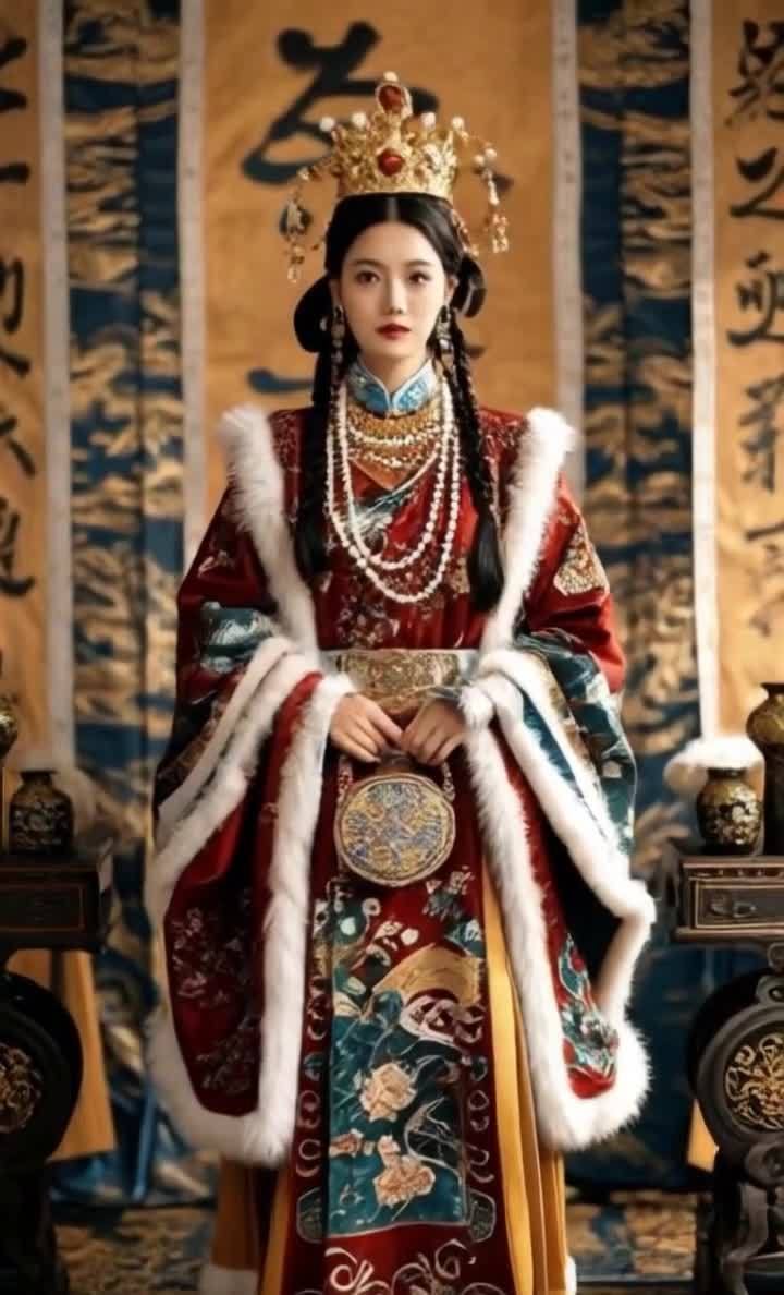 一位身着华丽服饰的皇族女子，头戴镶珠皇冠，神情沉静