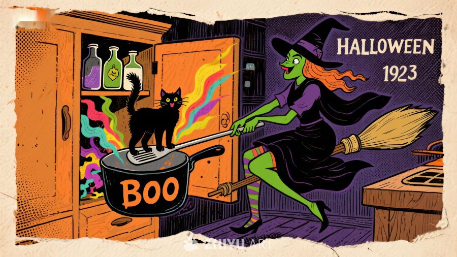 复古万圣节女巫与魔法锅