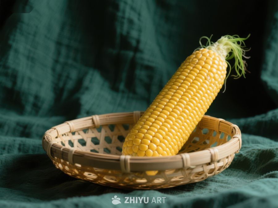 玉米置于竹篮中，背景为深绿色布料 831