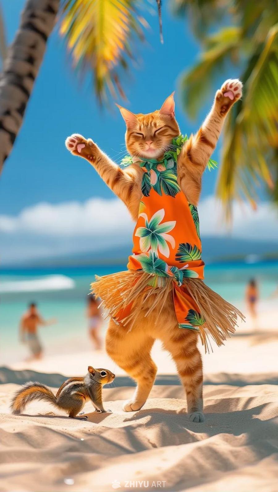 一只穿着夏威夷服装的橘色公猫在沙滩上跳舞，旁边有松