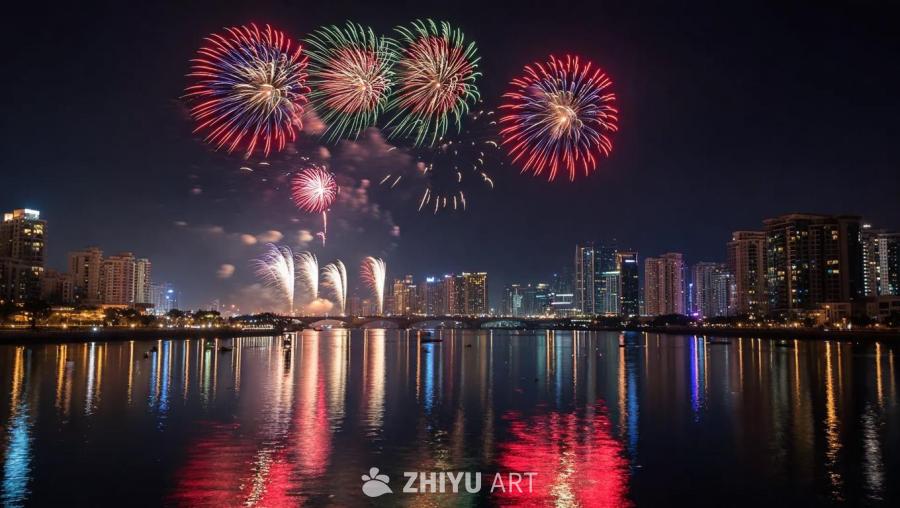 夜空中绽放着新年焰火，在平静的河流上空，烟花的色彩
