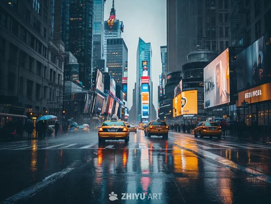 纽约市的一条街道，正在下雨。几辆黄色出租车在湿漉漉