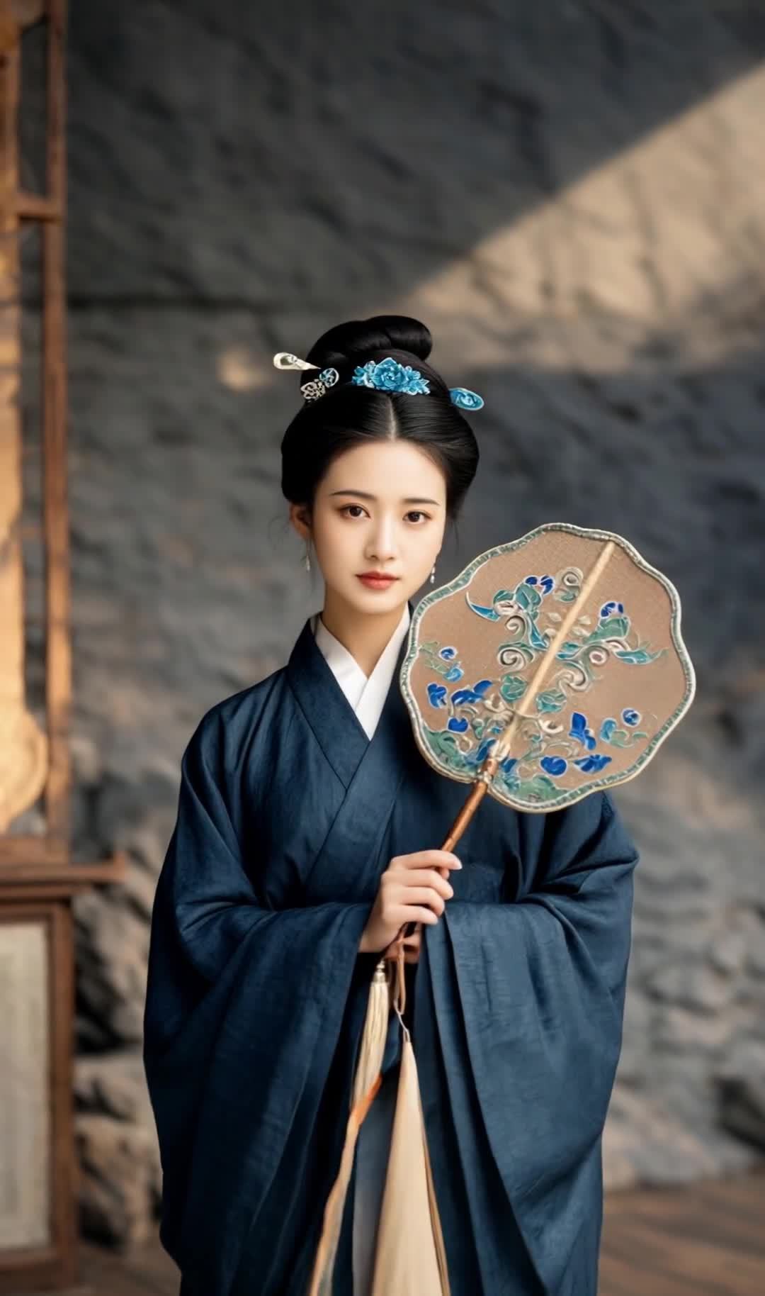 一位身着深蓝色汉服的女子，手持一把圆形团扇。女子发