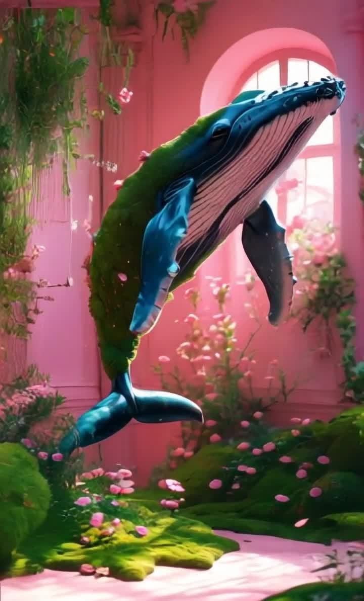 长满绿植的鲸鱼跃出粉色房间，充满生机。