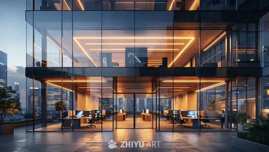 一座现代化的玻璃幕墙建筑，位于繁华的城市之中。建筑