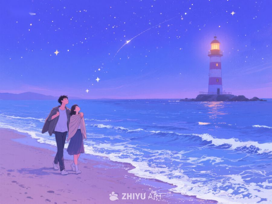 夜空下的灯塔与海滩漫步 946