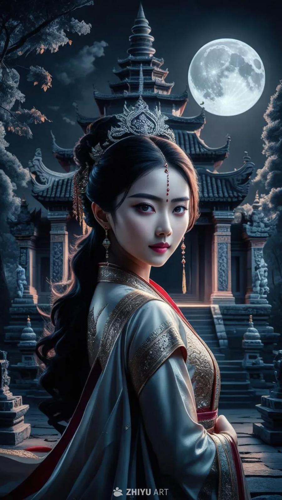 一位身着传统服饰的女子站在月光下的古老寺庙前。她戴