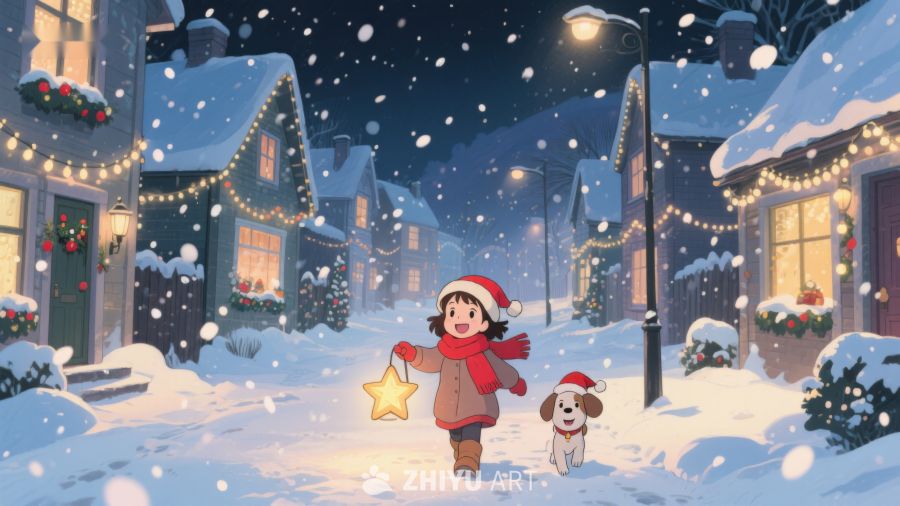 冬夜雪景中的小女孩与小狗 133