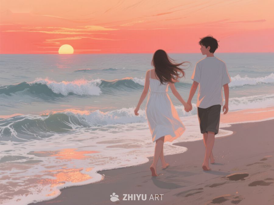 海边日落，情侣牵手漫步 256