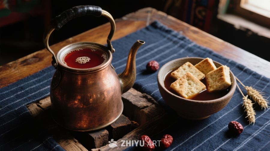 铜壶热茶与饼干的温馨组合