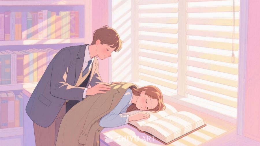 图书馆中温馨一幕：男子轻抚熟睡女子 325