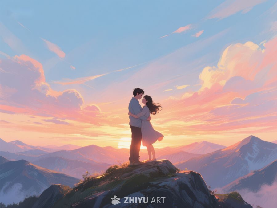 山顶情侣拥抱，夕阳映照浪漫 635