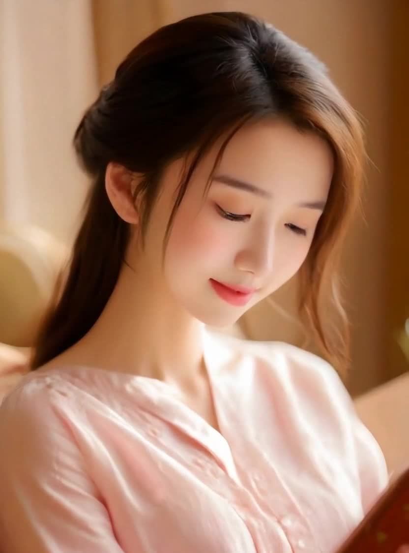 粉色衬衫美女低头凝视，面带微笑若有所思。