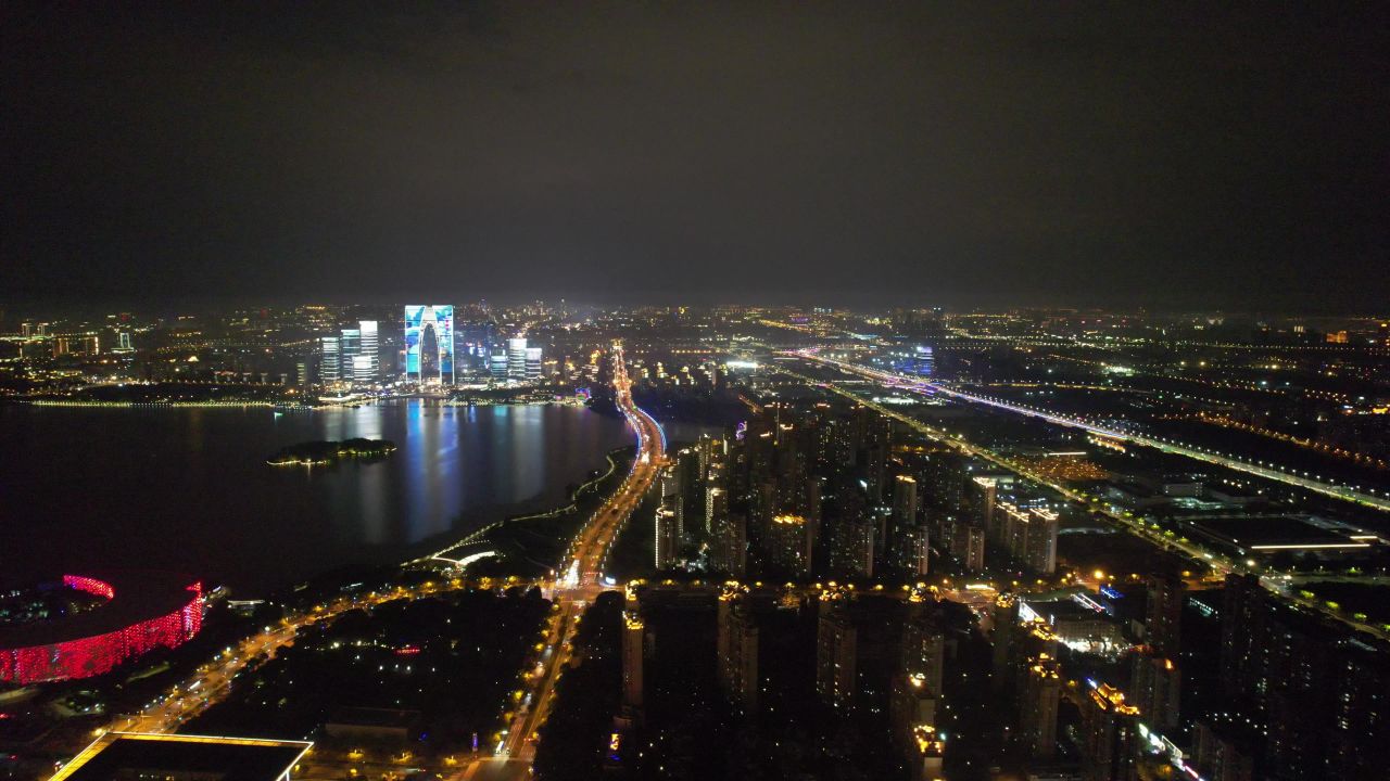 江苏苏州工业园区夜景灯光航拍 