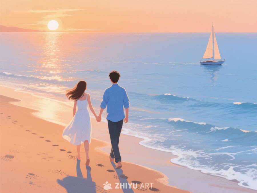 海边漫步的情侣与帆船 229