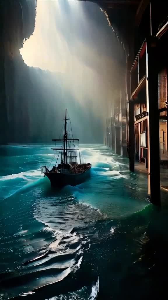 一艘船漂浮在海水中，海水呈现出深蓝色。两侧有建筑结
