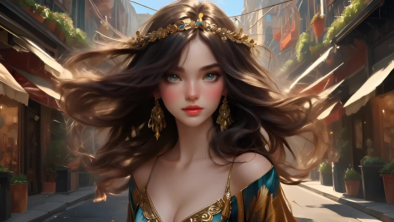 一个留着棕色长发、佩戴金色头饰和耳环的女性，身穿蓝