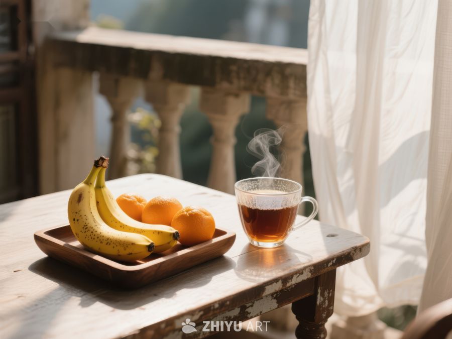 阳台上的早餐：热茶与水果 680