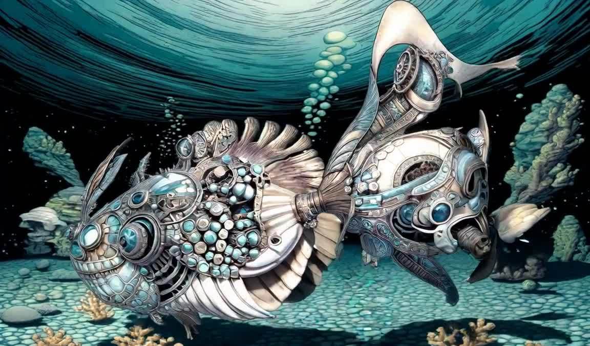一条机械鱼在海底游动，鱼体呈现金属质感，细节处可见