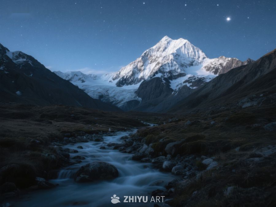 月光下的雪山溪流 583