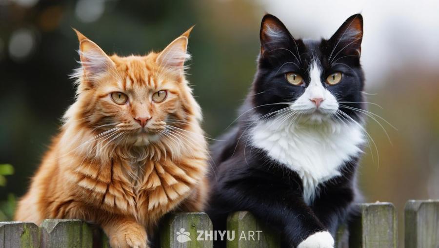 一只深橙色猫和一只黑白猫坐在栅栏上。