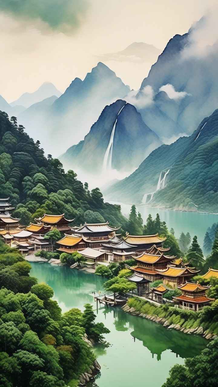 青山绿色村庄插画 33