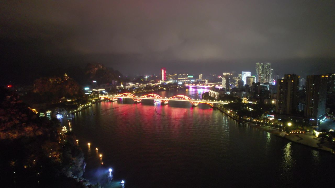 广西柳州柳江桥梁交通夜景灯光