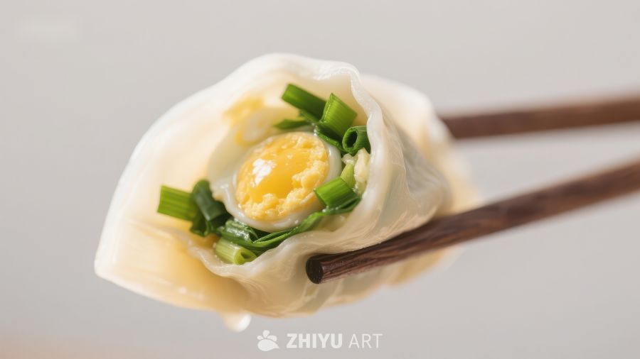 筷子夹起的鲜美饺子