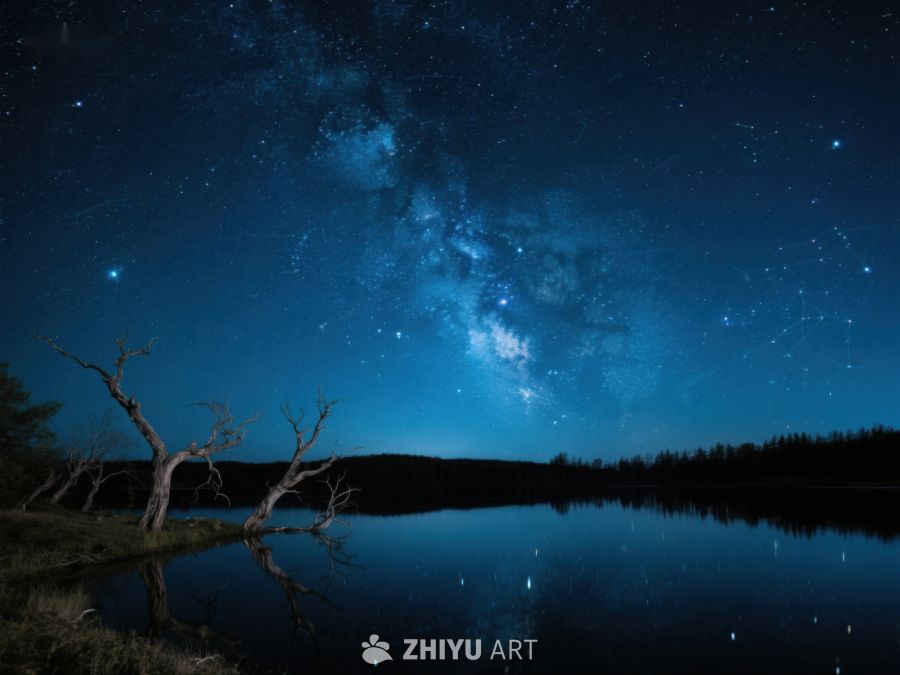 夜空银河映湖面，枯树静谧伴星辰 430