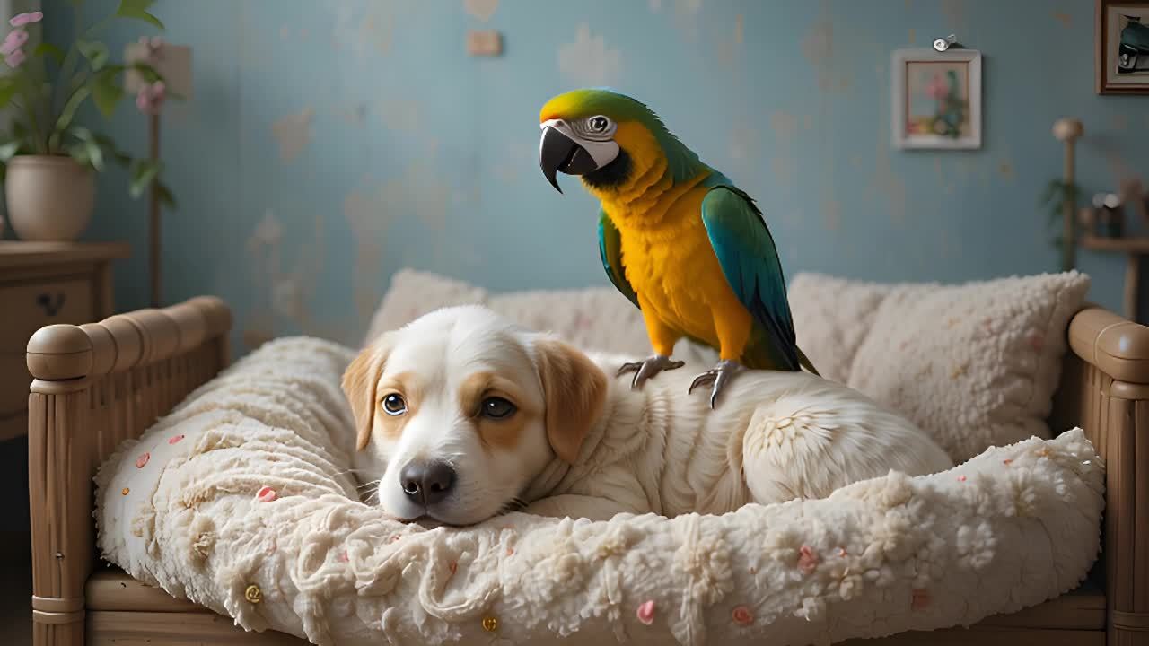 一只白色的幼犬躺在一个毛绒床垫上，一只黄蓝色鹦鹉站