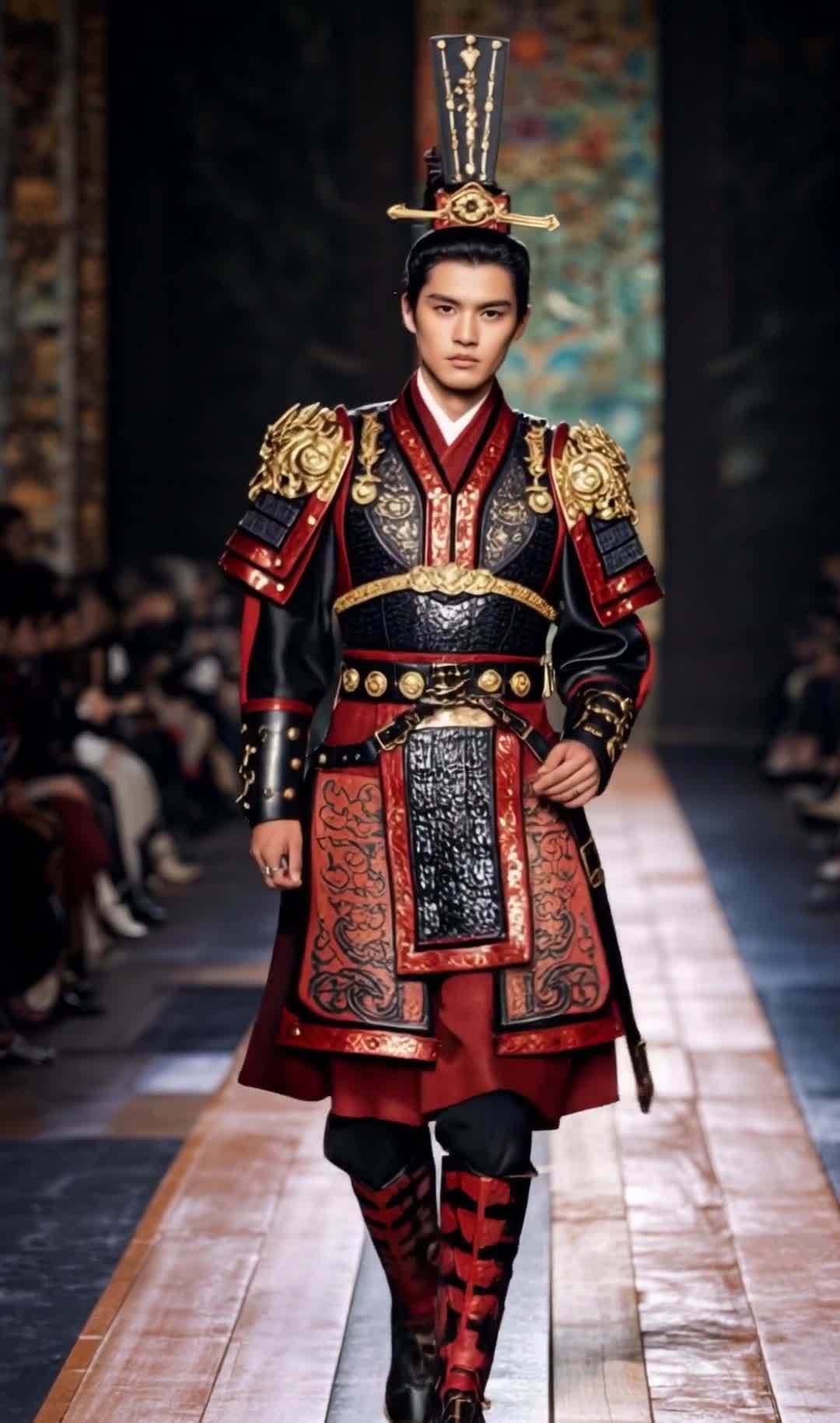 威武古代武将盔甲男子持剑前行