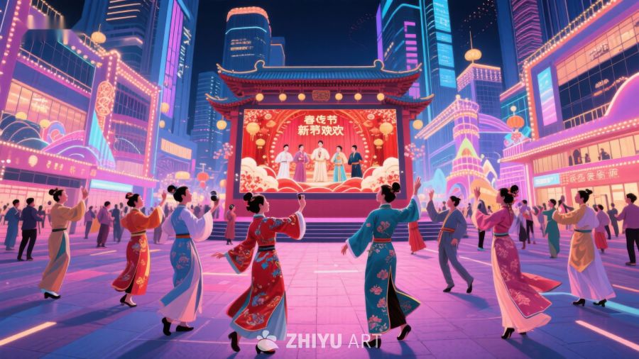 春节庆典夜景，传统服饰舞动 123