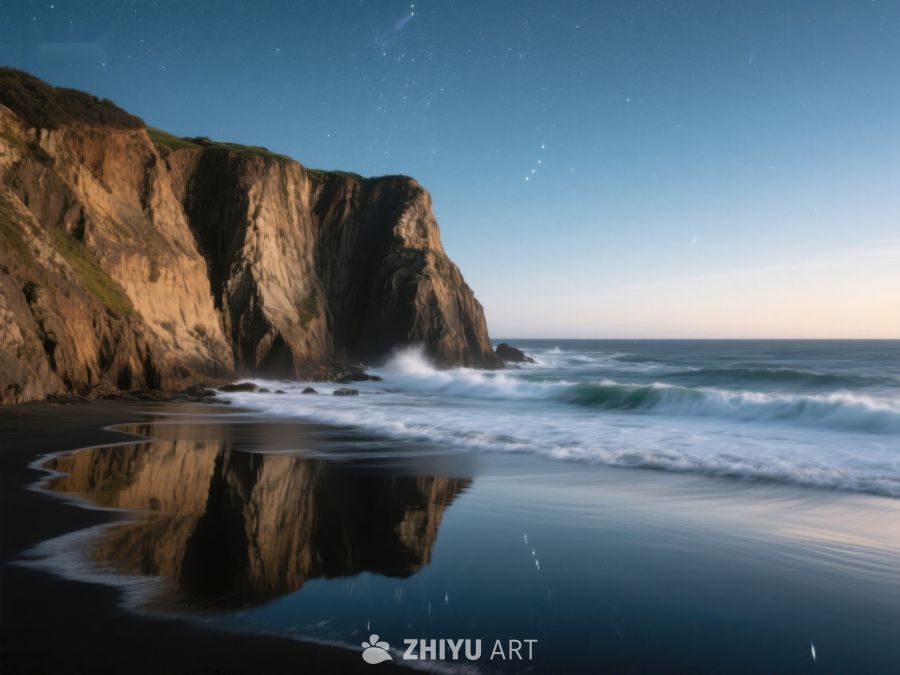 夜幕下的海岸悬崖倒影 434