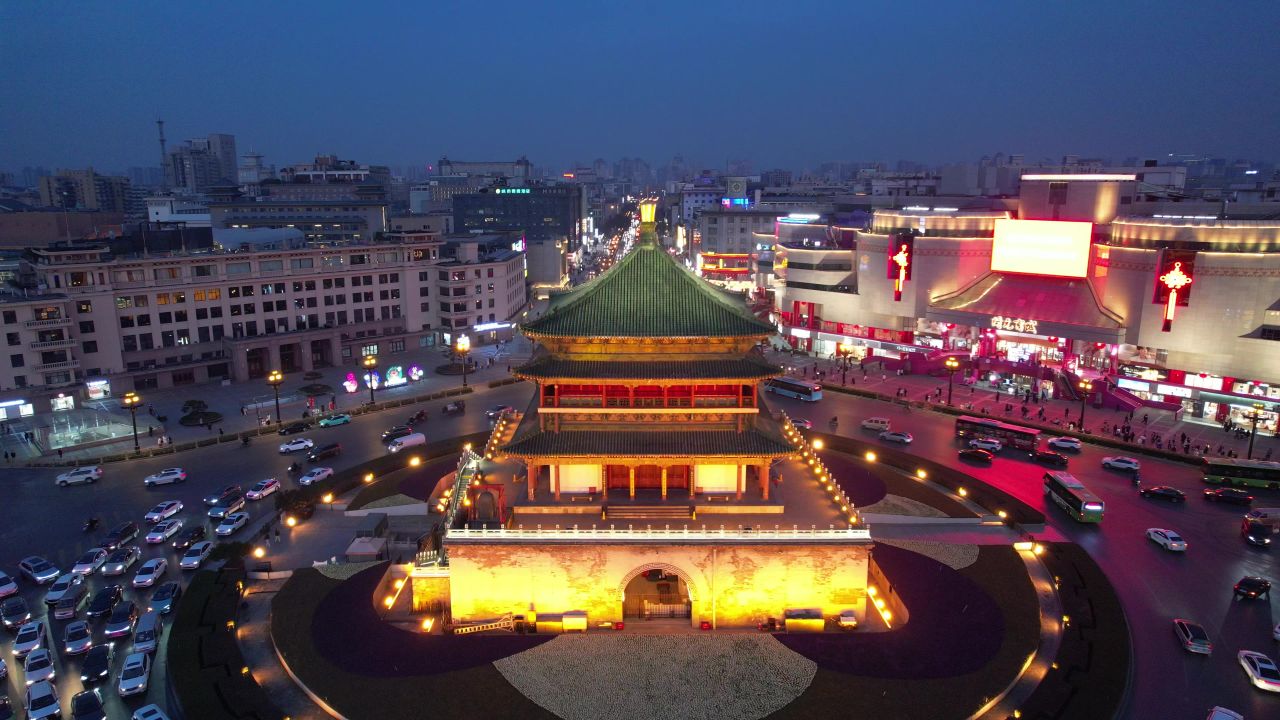陕西西安钟楼夜景航拍